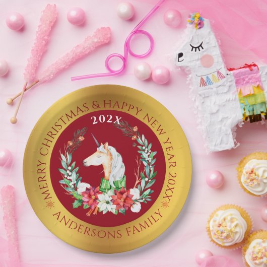 クリスマスユニコーンとポインセチアの構図 ペーパープレート (パーティー)