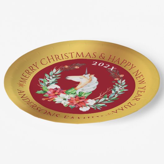 クリスマスユニコーンとポインセチアの構図 ペーパープレート (アングル)