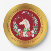 クリスマスユニコーンとポインセチアの構図 ペーパープレート (正面)