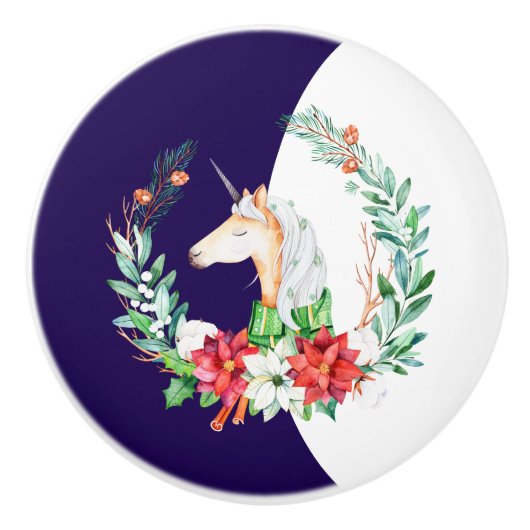 クリスマスユニコーンとポインセチアリース セラミックノブ (正面)