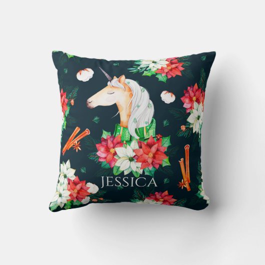 クリスマスユニコーンとポインセチア模様No.2 クッション (裏面)