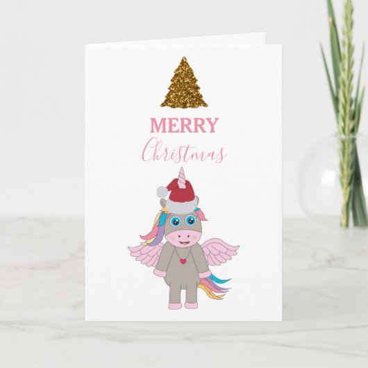 クリスマスユニコーンサンタ金ゴールドグリッタークリスマスツリー カード (正面)