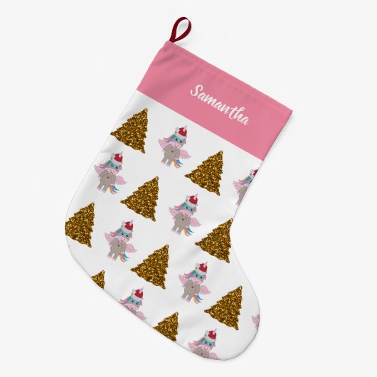 クリスマスユニコーンサンタ金ゴールドグリッタークリスマスツリー ラージクリスマスストッキング (正面 (吊り時))