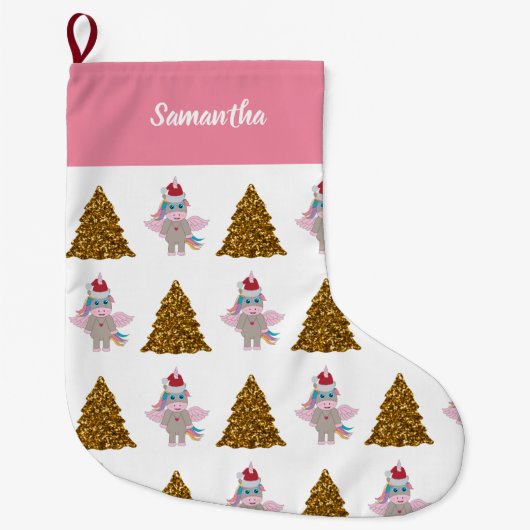 クリスマスユニコーンサンタ金ゴールドグリッタークリスマスツリー ラージクリスマスストッキング (正面)