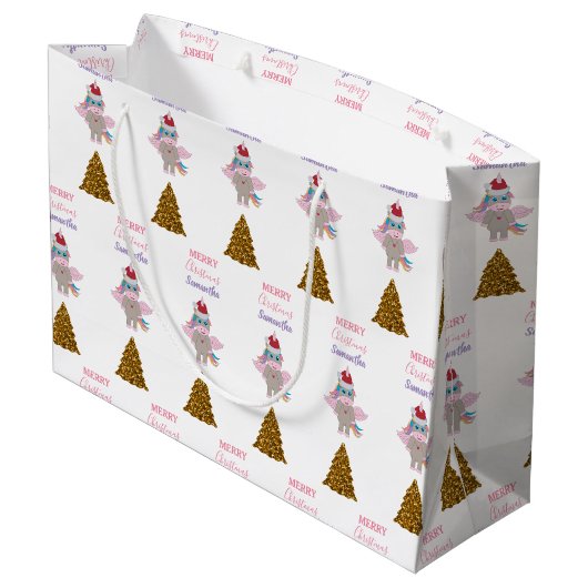 クリスマスユニコーンサンタ金ゴールドグリッタークリスマスツリー ラージペーパーバッグ (裏面アングル)