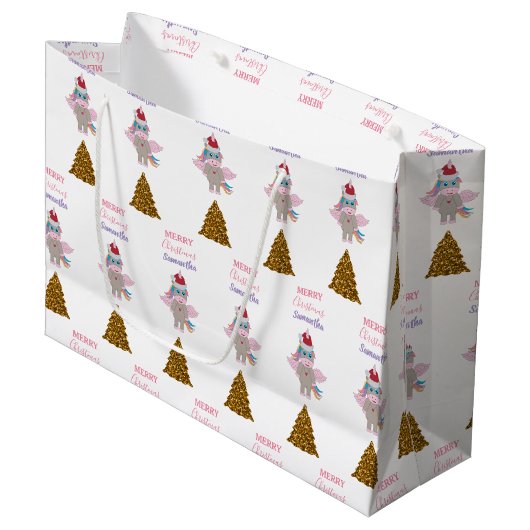 クリスマスユニコーンサンタ金ゴールドグリッタークリスマスツリー ラージペーパーバッグ (正面アングル)