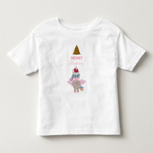 クリスマスユニコーンハットゴールドグリッターXmasツリー トドラーTシャツ (正面)
