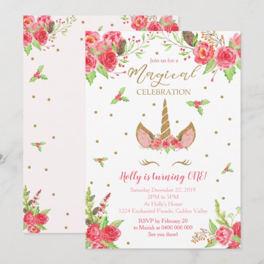 クリスマスユニコーンバースデー招待状 招待状 (正面/裏面)