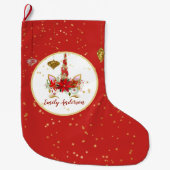 クリスマスユニコーンパーソナライズされた顔レッド金ゴールド ラージクリスマスストッキング (正面)