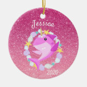 クリスマスユニコーンピンクシャークグリッターカスタム セラミックオーナメント (正面)