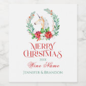 クリスマスユニコーンポインセチアリース&タイポグラフィ ワインラベル (シングルラベル)