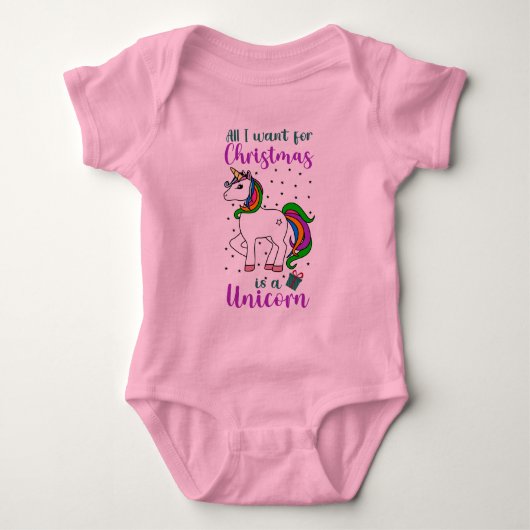 クリスマスユニコーンマジカルレインボーグリーンパープル ベビーボディスーツ (正面)