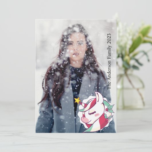 クリスマスユニコーン自分の写真のホリデーカードを追加 シーズンカード (スタンド正面)