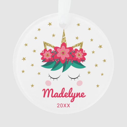 クリスマスユニコーン花の星パーソナライズされた名 オーナメント (正面)
