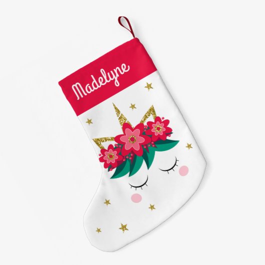 クリスマスユニコーン花の星パーソナライズされた名 スモールクリスマスストッキング (裏面 (吊り時))
