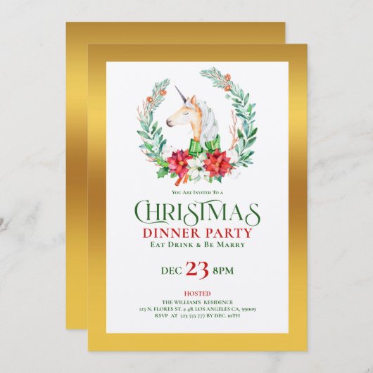 クリスマスユニコーン金ゴールドアクセントパーティー招待状 招待状 (正面/裏面)