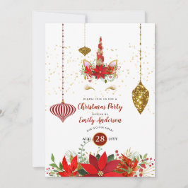 クリスマスユニコーン顔パーティーレッド金ゴールドモダンおもしろい 招待状