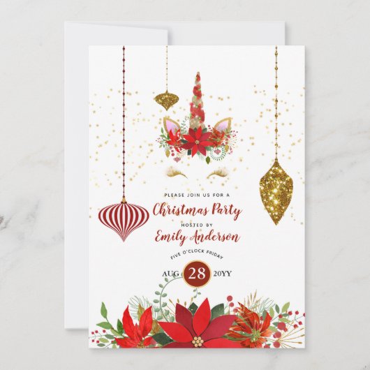 クリスマスユニコーン顔パーティーレッド金ゴールドモダンおもしろい 招待状 (正面)