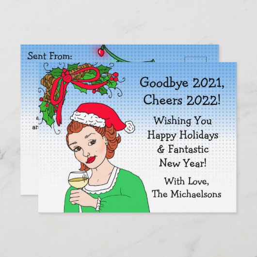 クリスマスユーモアおもしろいレトロ女性東行はがき ポストカード (正面/裏面)
