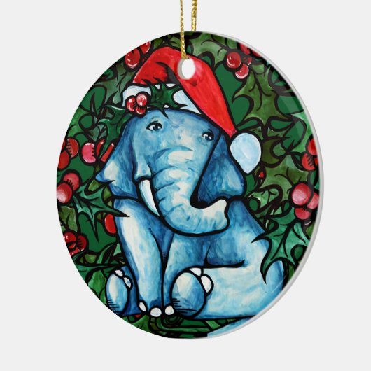 クリスマスユール(キリスト降誕祭)ゾウとホリー セラミックオーナメント (左)