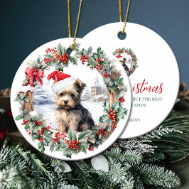 クリスマスヨークシャーのテリア犬の子犬サンタ帽子 セラミックオーナメント
