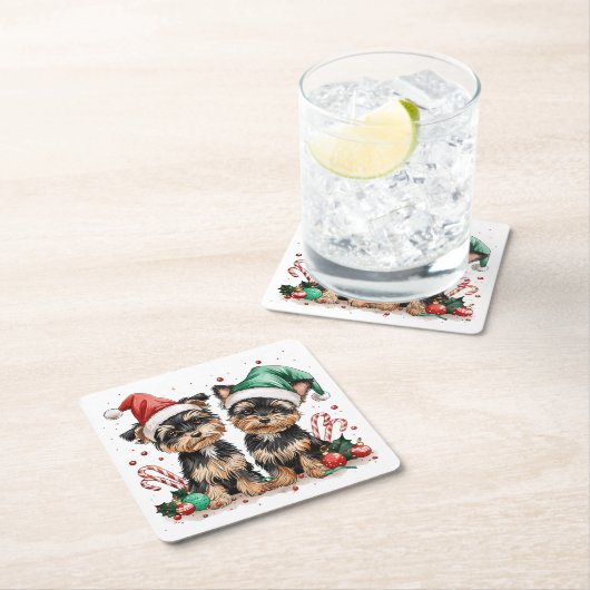クリスマスヨークシャーテリアドッグ スクエアペーパーコースター (インサイチュ)