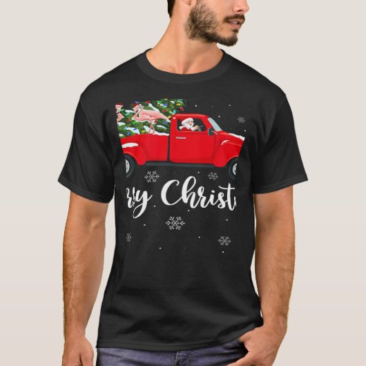 クリスマスライツツリーサンタライドフラミンゴレッドトラックChr Tシャツ (正面)