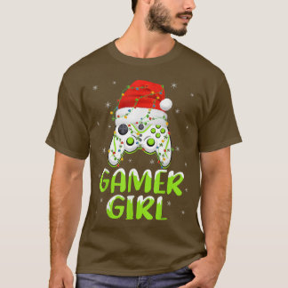 クリスマスライツビデオゲームコントローラサンタゲーマーガール Tシャツ