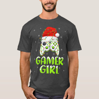 クリスマスライツビデオゲームコントローラサンタゲーマーガール Tシャツ
