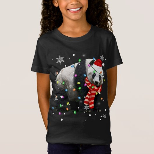 クリスマスライトおもしろいクリスマスサンタハットパンダ動物 Tシャツ (正面)