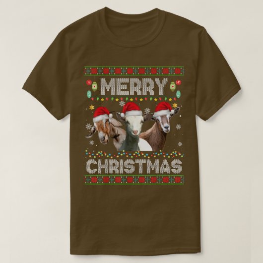 クリスマスライトおもしろいクリスマスサンタ帽子ヤギ動物 Tシャツ (デザイン正面)