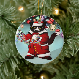 クリスマスライトかわいいタキシード猫 セラミックオーナメント