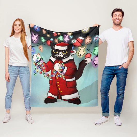 クリスマスライトかわいいタキシード猫 フリースブランケット (インサイチュ)