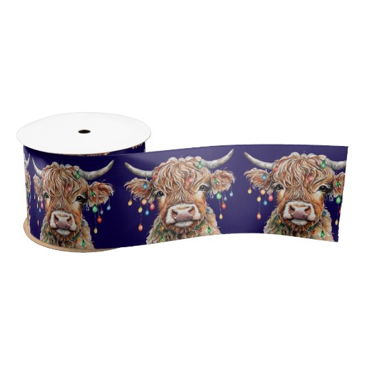 クリスマスライトが咲き乱れるかわいいハイランド牛 サテンリボン (リール)
