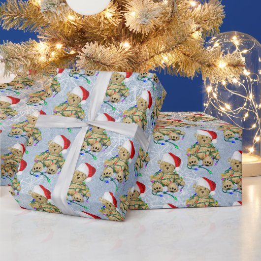 クリスマスライトが絡み合ったテディベア ラッピングペーパー (クリスマス)