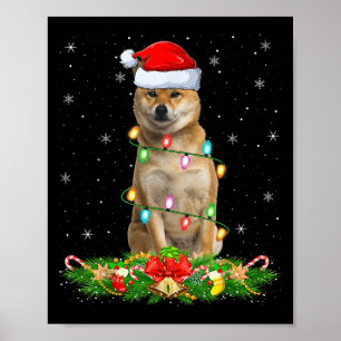 クリスマスライトとサンタ帽子の柴犬Xmas ポスター