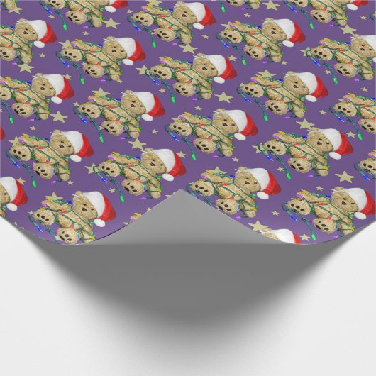 クリスマスライトとスターに登場するテディベア ラッピングペーパー (角)