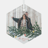 クリスマスライトと緑の写真 ガラスオーナメント (正面)