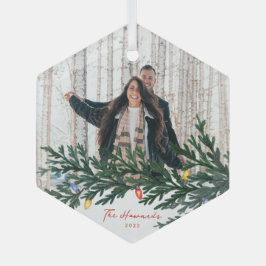 クリスマスライトと緑の写真 ガラスオーナメント