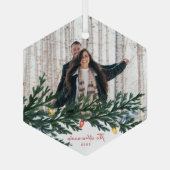 クリスマスライトと緑の写真 ガラスオーナメント (裏面)