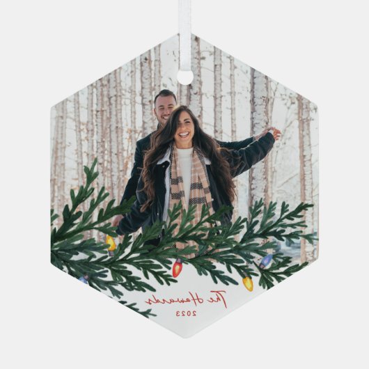 クリスマスライトと緑の写真 ガラスオーナメント (裏面)