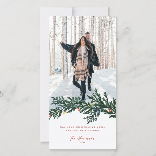 クリスマスライトと緑の写真 シーズンカード (正面)