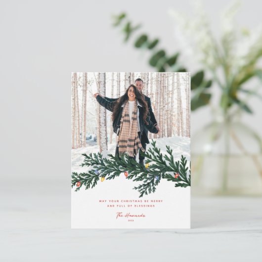 クリスマスライトと緑の写真 シーズンポストカード (スタンド正面)