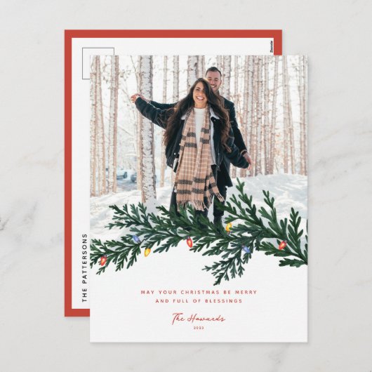 クリスマスライトと緑の写真 シーズンポストカード (正面/裏面)