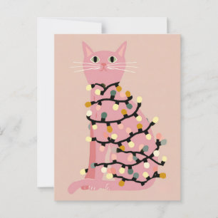 クリスマスライトに包まれたかわいい猫 面白い クリスマス ポストカード