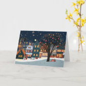 クリスマスライトのある雪の多い家 カード (黄色い花)