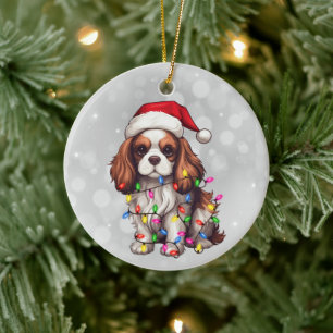 クリスマスライトのキャバリエールキングチャールズスパニエル犬 セラミックオーナメント