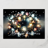 クリスマスライトの水色の文字列が巻き付き 箔シーズンカード (正面)