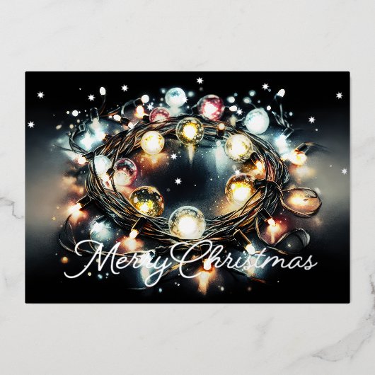 クリスマスライトの水色の文字列が巻き付き 箔シーズンカード (正面)