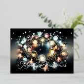 クリスマスライトの水色の文字列が巻き付き 箔シーズンカード (立ち正面)